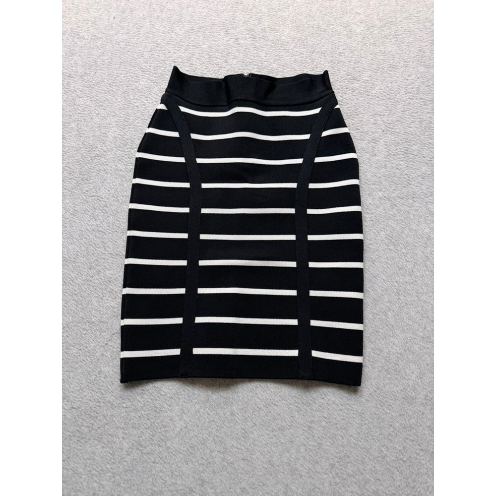 Black White Striped Bandage Bodycon Mini Skirt High Waist Zip Back